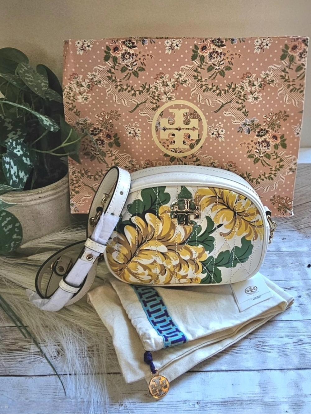 Tory Burch White Leather Crossbody with Yellow & Green Floral Print